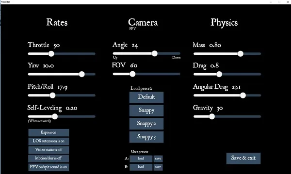 FPV Freerider custom settings menu