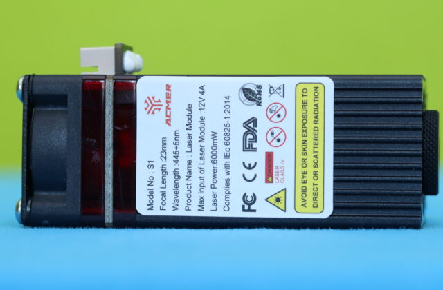 Close-up of the 6W 445nm laser module included with the Acmer S1 laser engraver.