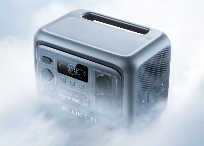 Portable BLUETTI Elite 100 V2 power station with digital display and multiple charging ports, ideal for outdoor adventures and emergency backup.