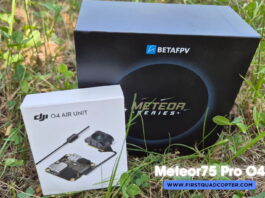 BetaFPV Meteor75 Pro O4 micro drone on display with prop guards and HD camera, set against a clean background.