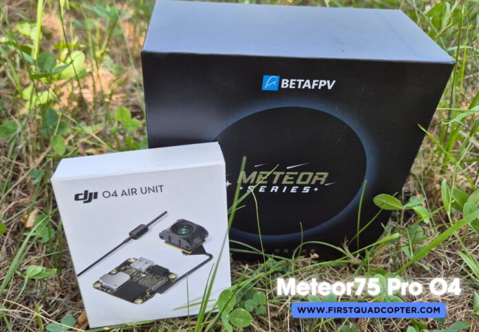 BetaFPV Meteor75 Pro O4 micro drone on display with prop guards and HD camera, set against a clean background.