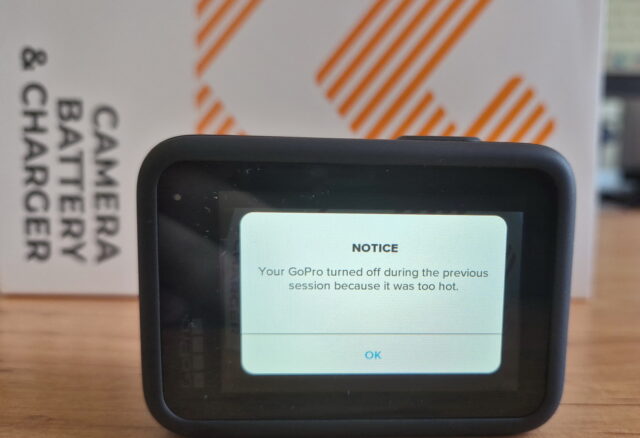 GoPro Hero 13 screen displaying overheating shutdown warning message