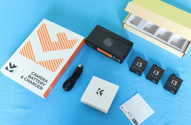 Unboxing K&F Concept Hero 13 battery charger combo showing box contents