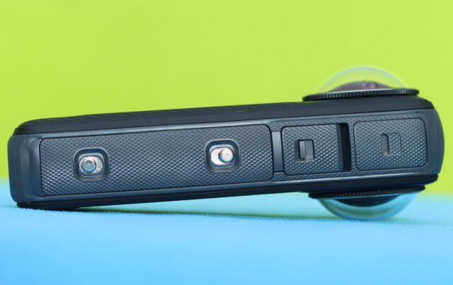 Close-up photo of a K&F Concept X4 battery loaded into an Insta360 X4 camera.