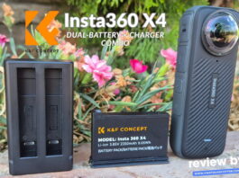 Impact photo featuring K&F Concept X4 batteries, charger, and Insta360 X4 camera arranged for a product review.