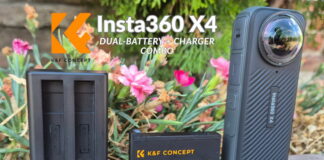 Impact photo featuring K&F Concept X4 batteries, charger, and Insta360 X4 camera arranged for a product review.