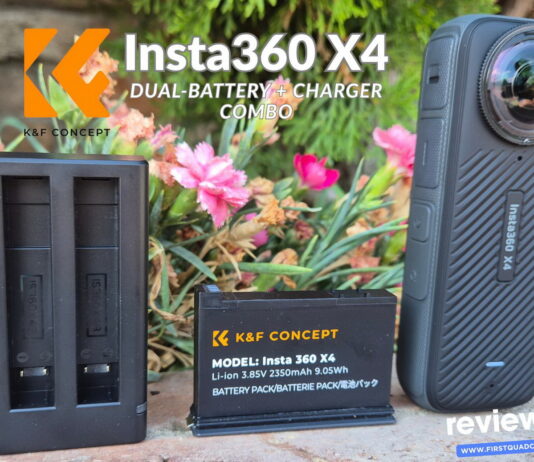Impact photo featuring K&F Concept X4 batteries, charger, and Insta360 X4 camera arranged for a product review.