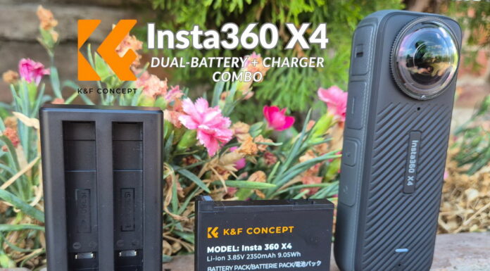 Impact photo featuring K&F Concept X4 batteries, charger, and Insta360 X4 camera arranged for a product review.