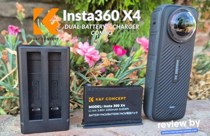 Impact photo featuring K&F Concept X4 batteries, charger, and Insta360 X4 camera arranged for a product review.