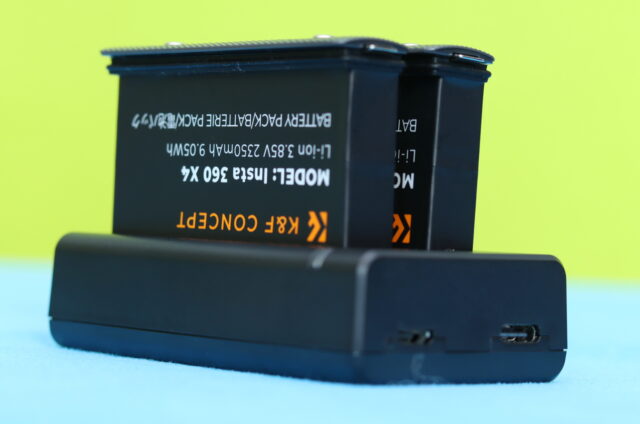 Close-up photo of the K&F Concept X4 dual-battery charger with two battery slots and a USB-C charging port.
