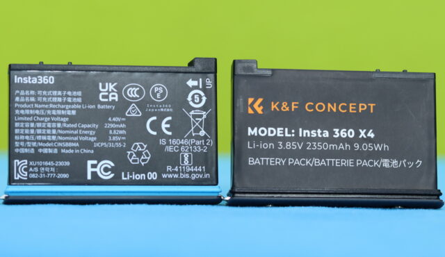 Side-by-side photo of an original Insta360 X4 battery next to a K&F Concept X4 compatible battery on a table.