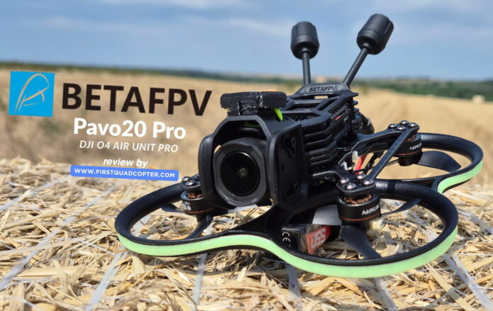 BetaFPV Pavo20 Pro O4 Pro cinewhoop drone equipped with DJI O4 Air Unit, shown on a hay bale ready for flight.