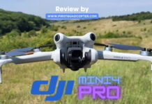 DJI Mini 4 Pro drone with camera in flight during review