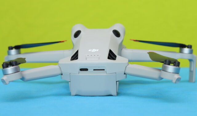 DJI Mini 4 Pro tail with USB-C charging port and microSD card slot