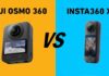 Side-by-side view of the DJI Osmo 360 and Insta360 X5 360-degree cameras showing their different designs, sizes, and lens placements.