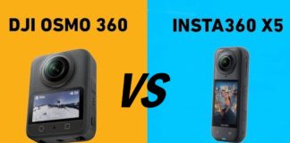 Side-by-side view of the DJI Osmo 360 and Insta360 X5 360-degree cameras showing their different designs, sizes, and lens placements.