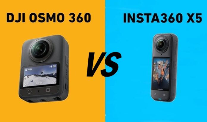 Side-by-side view of the DJI Osmo 360 and Insta360 X5 360-degree cameras showing their different designs, sizes, and lens placements.