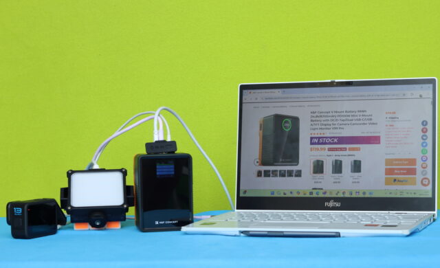 K&F Concept V-Mount battery runtime test powering a laptop, an action camera, and a video light simultaneously