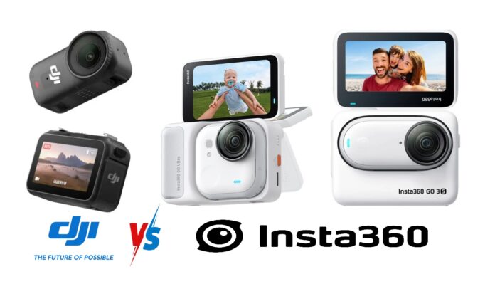 Comparison of DJI Osmo Nano and Insta360 GO Ultra & 3S wearable action cameras with specs and features 2025