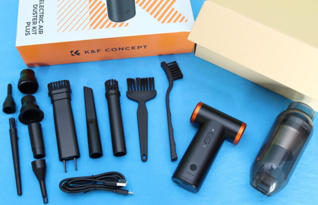 K&F Concept Electric Compressed Air Duster unboxing with accessories displayed on table