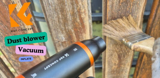 K&F Concept TurboJet Fan blowing away dust from a wood fence before painting