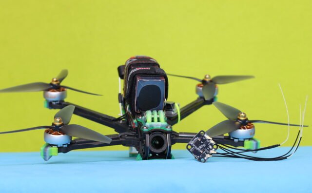 Radiomaster DBR4 ExpressLRS receiver installed on a FlyFishRC VD6 long-range FPV drone.