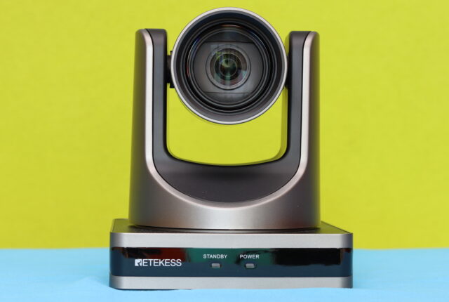 Close-up of Retekess TC202 PTZ AI conference camera design with sleek black finish