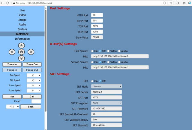 Retekess TC202 PTZ AI conference camera web interface with control panel and settings