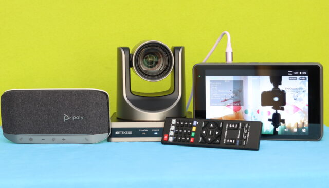 Video conferencing setup with Retekess TC202 PTZ AI camera, YoloBox ULTRA streamer, and Polycom microphone