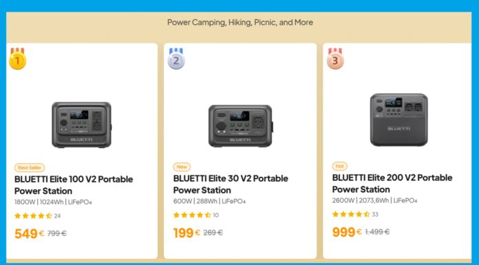 BLUETTI Elite V2 series comparison photo showing Elite 30 V2, 100 V2 and 200 V2 power stations side by side