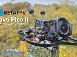 BetaFPV Pavo Pico II — Small Whoop, Full DJI O4 Air Unit suport BetaFPV Pavo Pico II cinewhoop drone on a table with prop guards and camera mounted, ready for flight testing.
