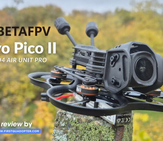 BetaFPV Pavo Pico II cinewhoop drone on a table with prop guards and camera mounted, ready for flight testing.