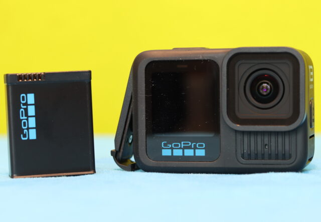 GoPro Hero 13 Enduro 1900mAh lithium-ion battery placed on a white background, showing the blue top and capacity label.