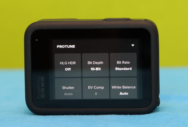 GoPro Hero 13 Black screen showing Protune video settings such as bitrate, color profile, shutter speed, and ISO limits.