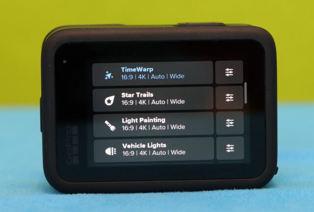 GoPro Hero 13 Black screen displaying custom video modes such as TimeWarp, Star Trails, Light Painting, and Vehicle Lights.