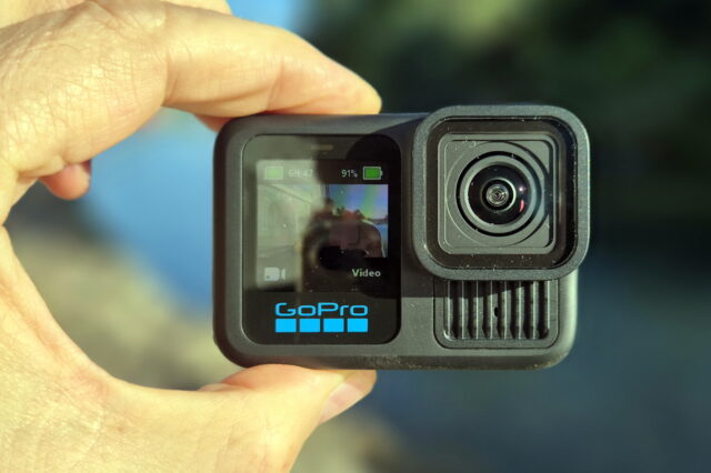 Front view of GoPro Hero 13 Black showing the color selfie screen turned on and displaying a live preview.