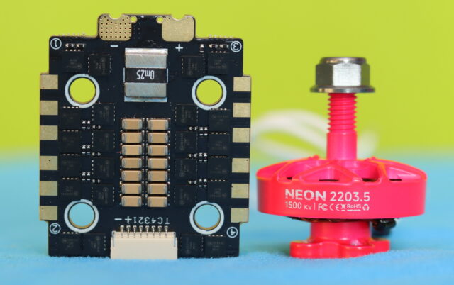 MEPS 45A ESC connected to MEPS NEON 2203 motors, showing wiring, connectors, and setup for FPV drone.