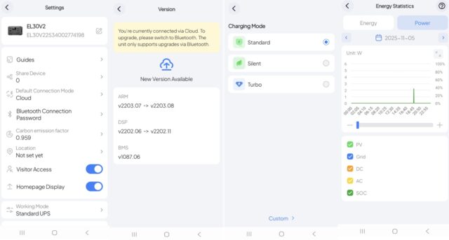 Bluetti APP Elite 30 V2 interface showing power management and charging settings.