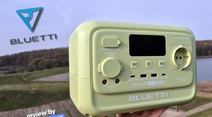 Bluetti Elite 30 V2 portable power station shown on a table during a hands-on review.