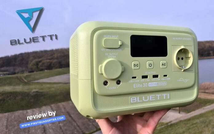 Bluetti Elite 30 V2 portable power station shown on a table during a hands-on review.