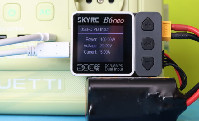 Bluetti Elite 30 V2 testing its USB Type-C output power with a device connected.