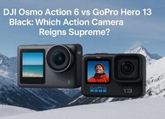 DJI Osmo Action 6 vs GoPro Hero 13 Black: Which One Should You Buy? DJI Osmo Action 6 and GoPro Hero 13 Black side by side on a snowy mountain background showcasing design and lens details.