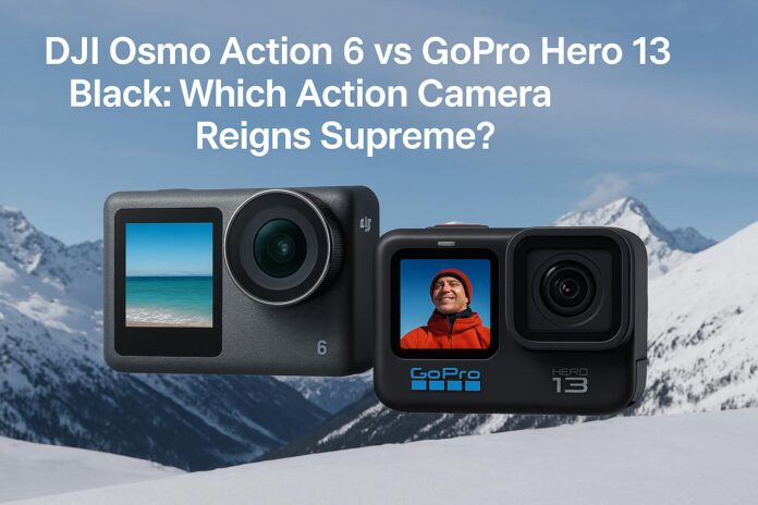 DJI Osmo Action 6 and GoPro Hero 13 Black side by side on a snowy mountain background showcasing design and lens details.