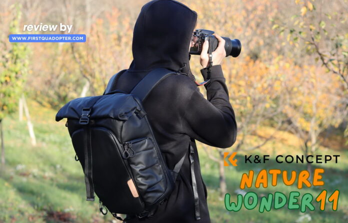 K&F Concept Nature Wander 11 camera backpack placed on a forest trail during a nature photography hike