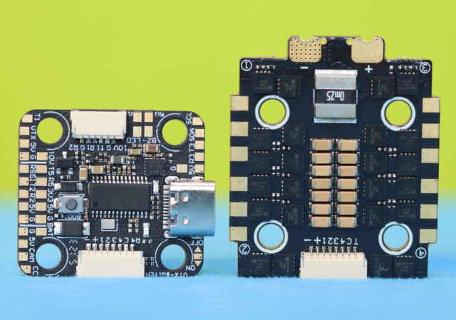 MEPS AeroCore F7 flight controller and 45A ESC placed side by side on a table, showing their size, layout, and connectors.