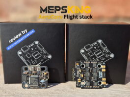 MEPS AeroCore Flight Stack with F7 flight controller and 45A ESC displayed on a table during a detailed review.