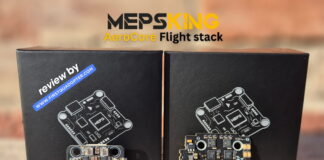 MEPS AeroCore Flight Stack with F7 flight controller and 45A ESC displayed on a table during a detailed review.