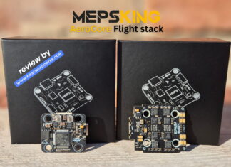 MEPS AeroCore Flight Stack with F7 flight controller and 45A ESC displayed on a table during a detailed review.