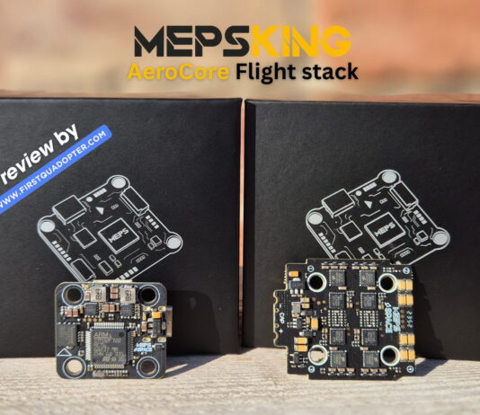 MEPS AeroCore F722 Mini + 45A ESC Review – Compact stack for FPV builds MEPS AeroCore Flight Stack with F7 flight controller and 45A ESC displayed on a table during a detailed review.