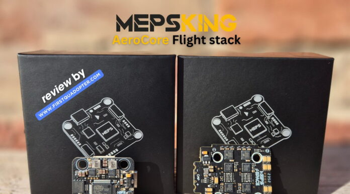 MEPS AeroCore Flight Stack with F7 flight controller and 45A ESC displayed on a table during a detailed review.